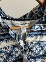 Forever New Blue Lila Longline Printed Satin Shirt - AU 10