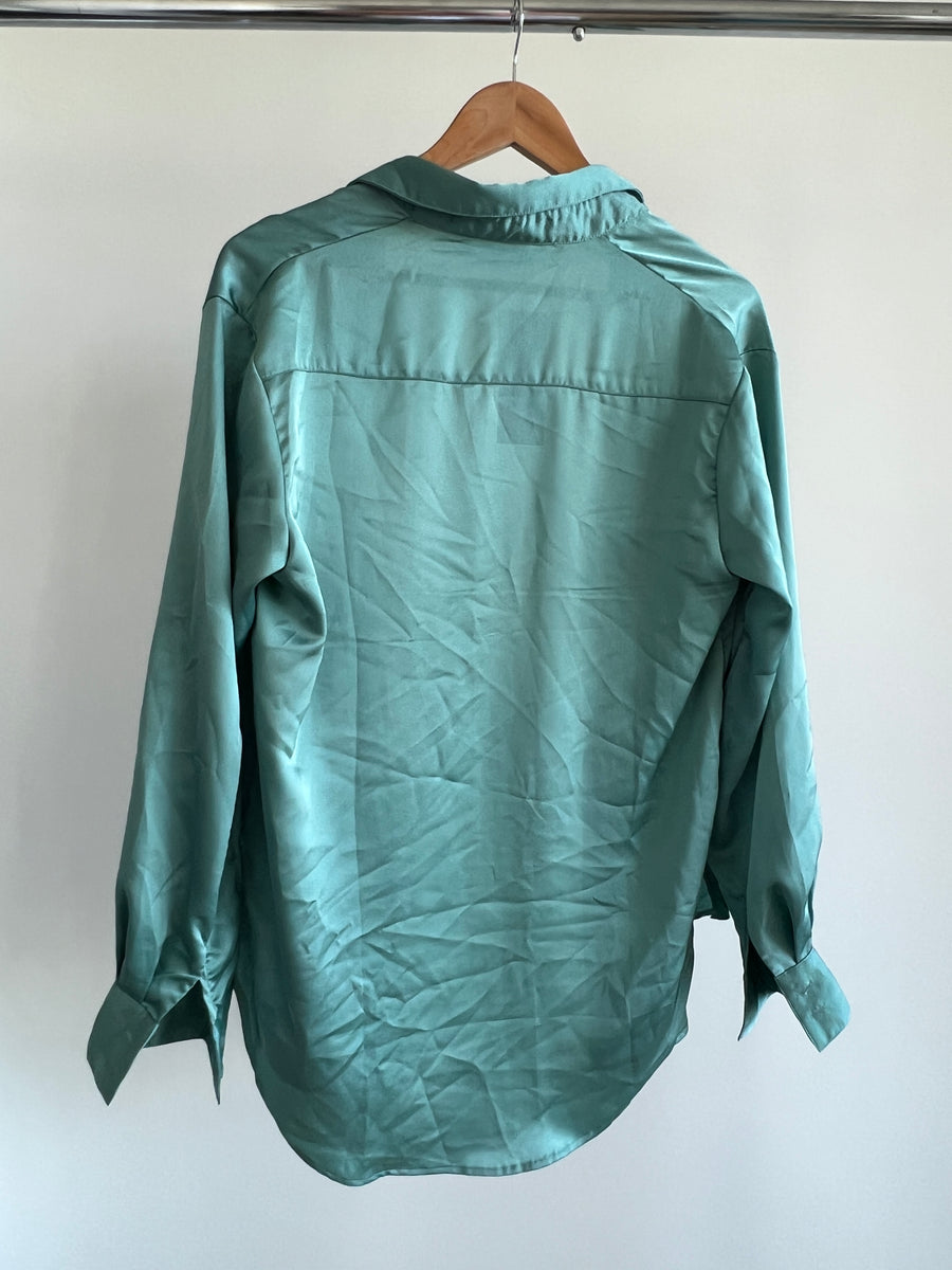 Nasty Gal Green Satin Smooth Operator Shirt - AU 10