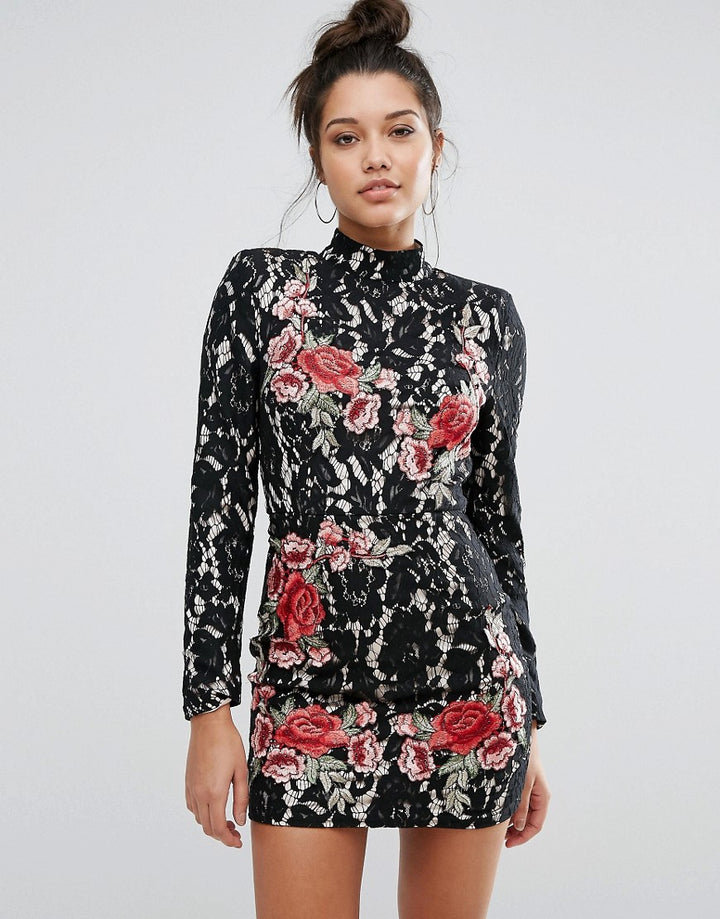 Missguided Peace + Love Limited Collection Black Lace Rose Applique High Neck Mini Dress - Size 8