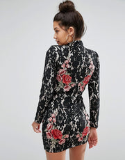 Missguided Peace + Love Limited Collection Black Lace Rose Applique High Neck Mini Dress - Size 8