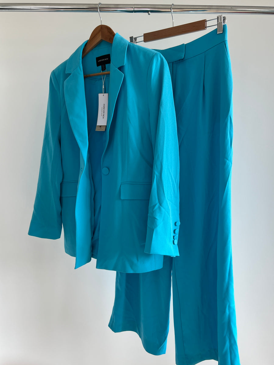 Forever New Turquoise Jayda SB Blazer and High Waisted Wide Leg Pants Blazer Set - AU 10