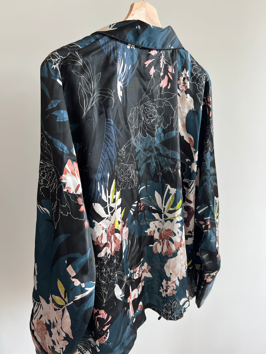 Pleasure State 100% Silk Dark Botanical Print Pyjamas - XL