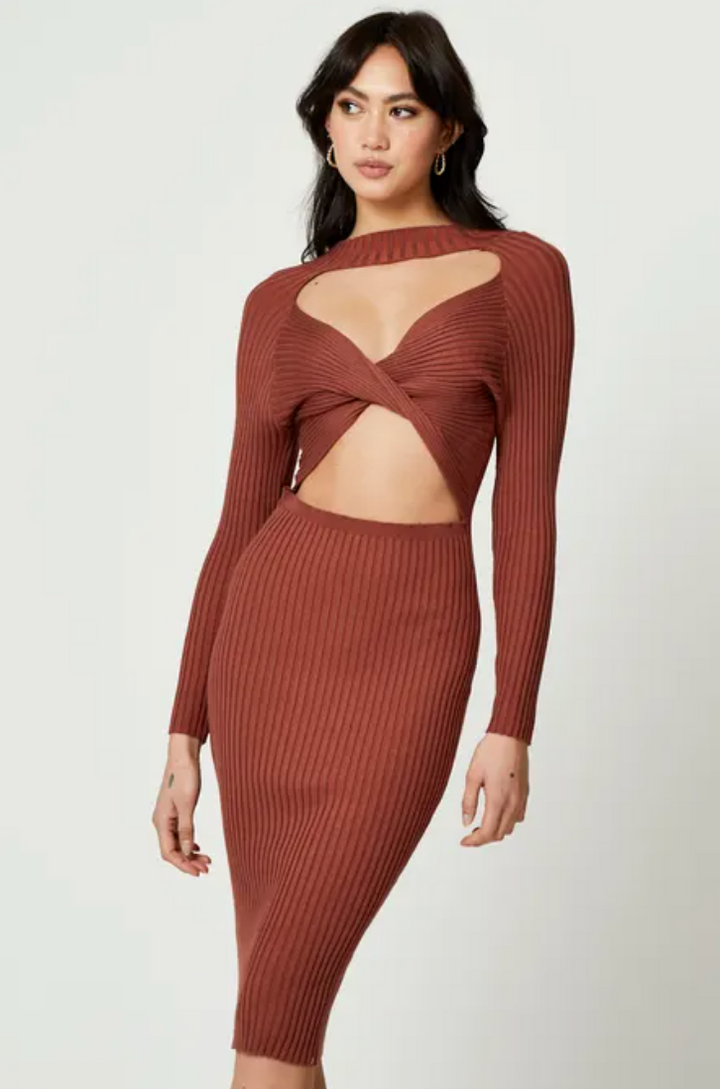 Sheike Brown high neck twist detail bodycon knit dress - Size 14