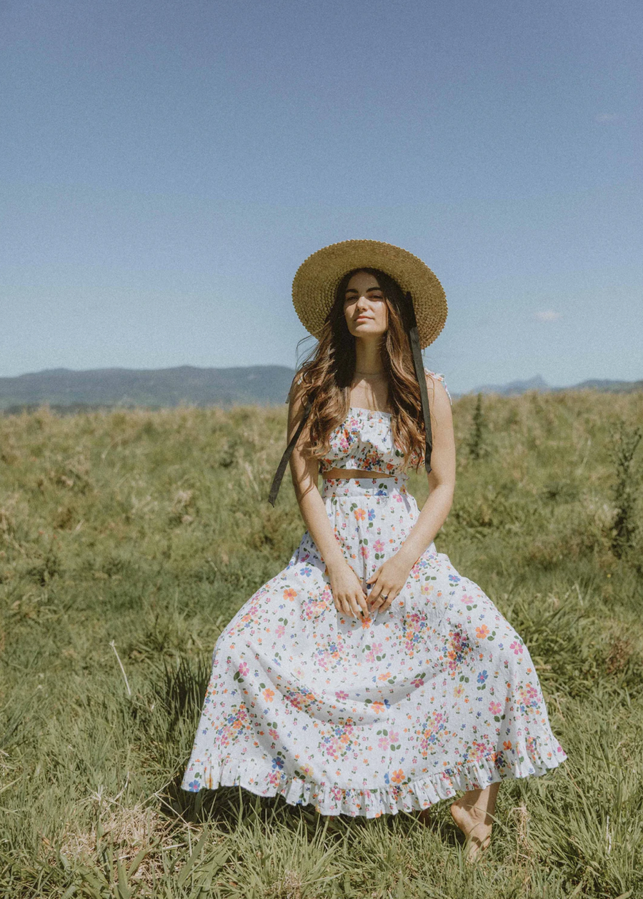 Marigold Mustang White Floral Crop Top And Skirt Set - Size S