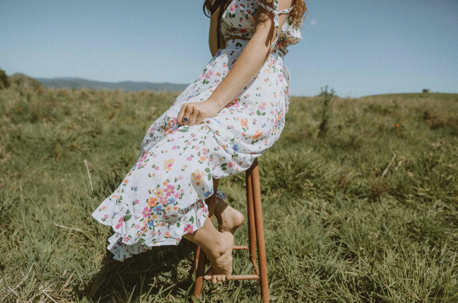 Marigold Mustang White Floral Crop Top And Skirt Set - Size S