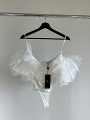 Club London Scandalous White Organza Sleeve Bodysuit with Mesh Overlay - AU 6