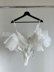 Club London Scandalous White Organza Sleeve Bodysuit with Mesh Overlay - AU 6