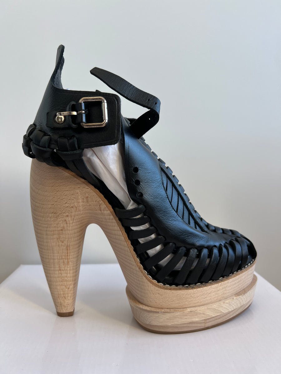 Proenza Schouler collector's SS 14 one-of-a-kind wood platform leather cross lace heels - 40