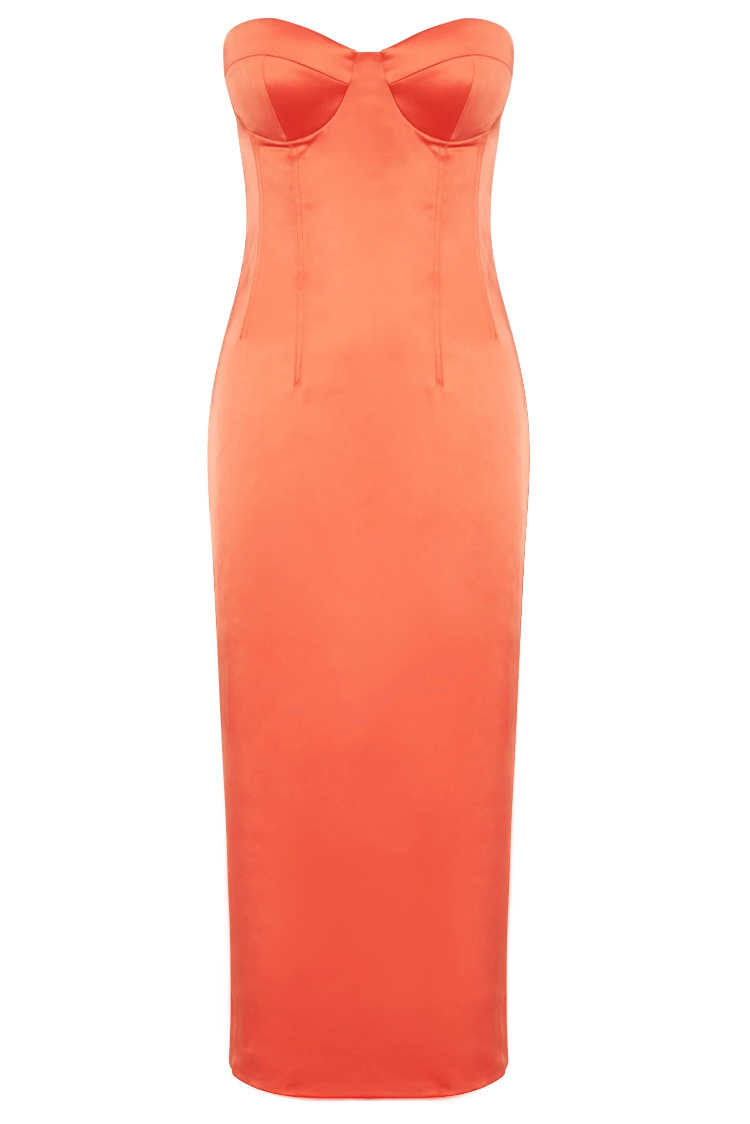 Meshki Coral Orange Bryony Cupped Bodycon Midi Dress - S