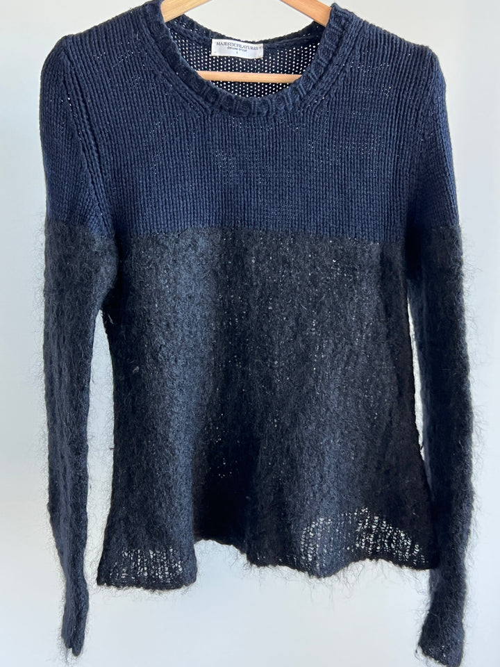 Majestic Filatures Vintage Blue/Black 50% Cashmere Knit Jumper - Size 1 (XS)