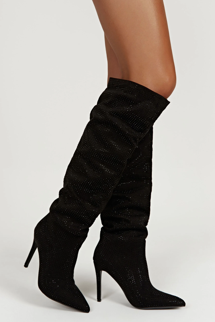 Meshki Black Jenner Diamante High Heel Boots - 40