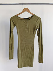 Lioness Green Ribbed Long Sleeve Midi Dress - XS