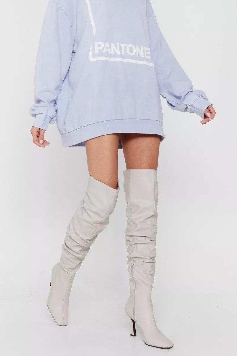 Nasty Gal Grey Faux Leather Slouch Ask Me Thigh High Square Toe Boots - 7