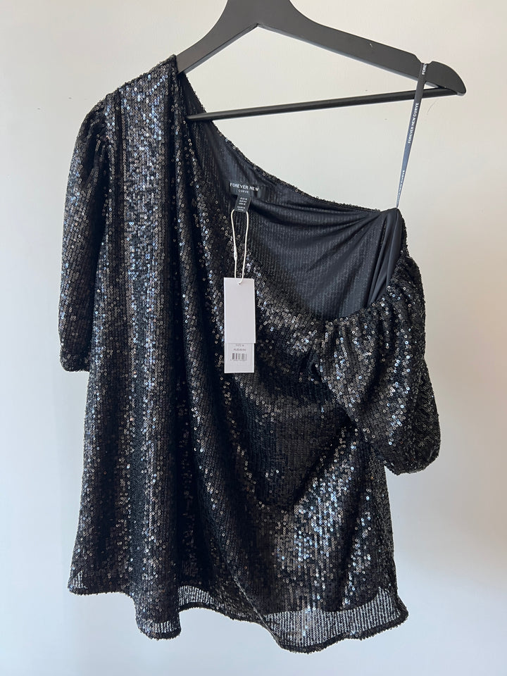 Forever New Black Sequin Lana Curve Top - AU 16