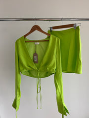 Meshki Lime Green Rheanna Wrap Around Cropped Shirt (L) And Mini Skirt (M) Sets