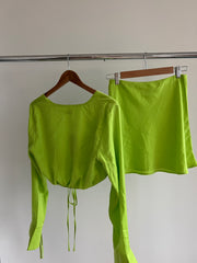 Meshki Lime Green Rheanna Wrap Around Cropped Shirt (L) And Mini Skirt (M) Sets