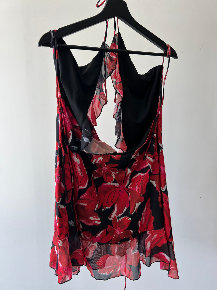 White Fox Red Floral Black Mini Dress - XL