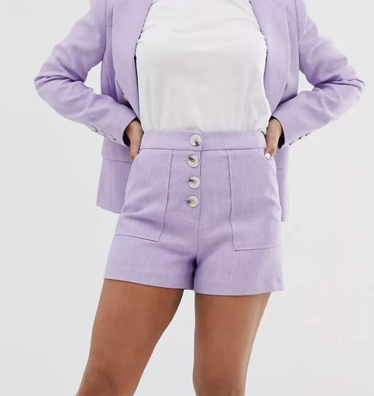 Miss Selfridge Petite tailored shorts with button detail in lilac - UK 4