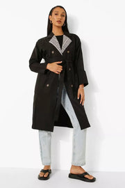 Boohoo Black Check Collar Belted Trench Coat - AU 8