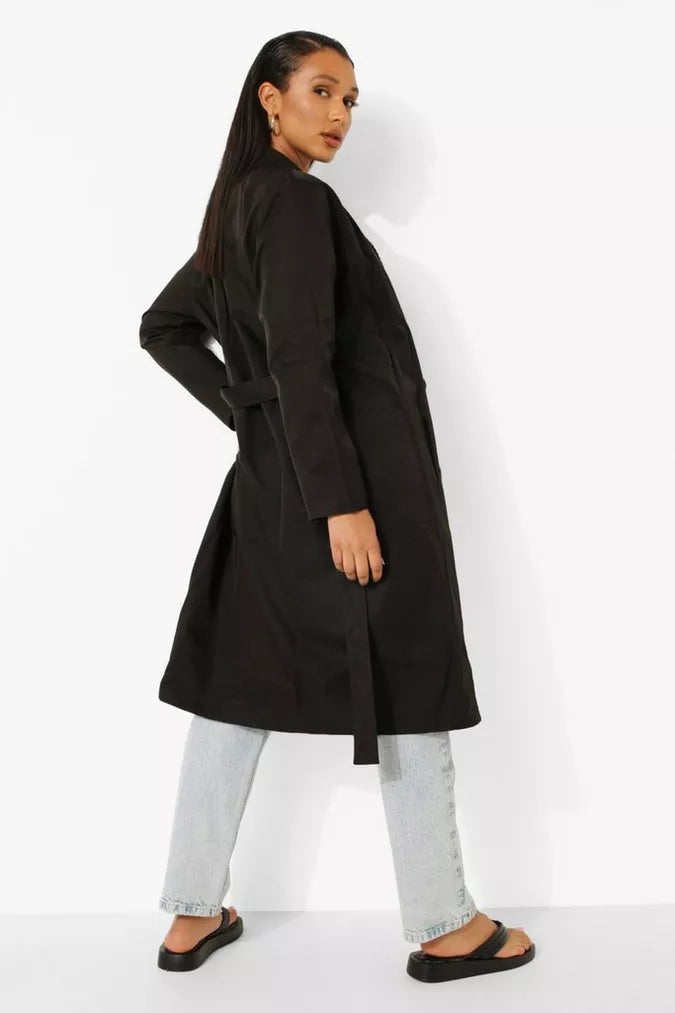 Boohoo Black Check Collar Belted Trench Coat - AU 8