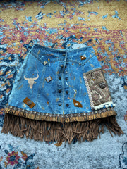 Spare Parts Designs Australia reworked handmade denim Texas vibe mini skirt with faux suede fringe details - AU 8