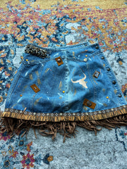 Spare Parts Designs Australia reworked handmade denim Texas vibe mini skirt with faux suede fringe details - AU 8