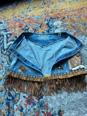 Spare Parts Designs Australia reworked handmade denim Texas vibe mini skirt with faux suede fringe details - AU 8