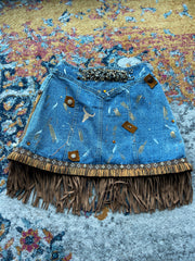 Spare Parts Designs Australia reworked handmade denim Texas vibe mini skirt with faux suede fringe details - AU 8