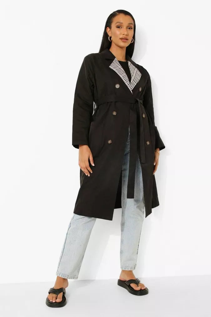 Boohoo Black Check Collar Belted Trench Coat - AU 8